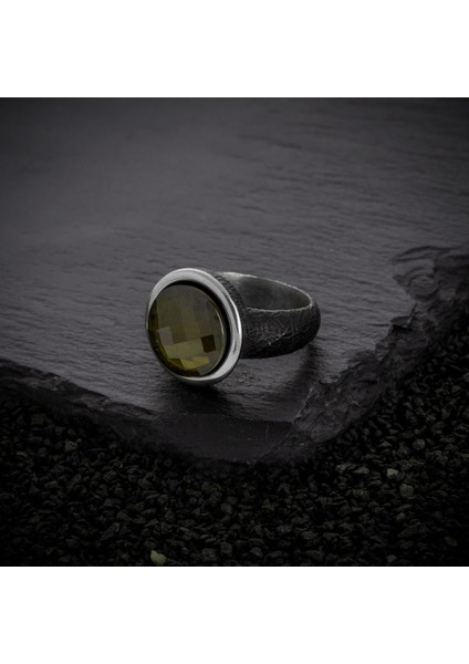 Tamamen Gümüş 925 Ayar Yeşil Zirkon Erkek Yüzük