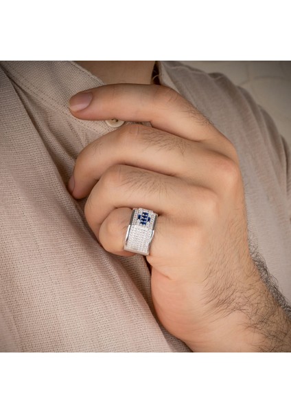 Tamamen Gümüş 925 Ayar Mavi Erkek Yüzük