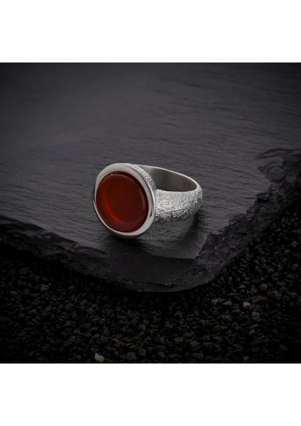 Tamamen Gümüş 925 Ayar Kırmızı Erkek Yüzük
