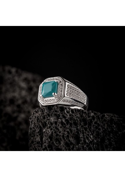 Turkuaz Zirkon Taşı 925 Ayar Gümüş Erkek Yüzük