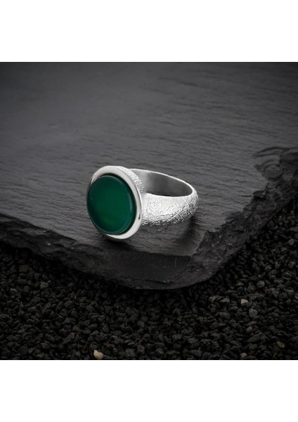 Tamamen Gümüş 925 Ayar Yeşil Akik Erkek Yüzük