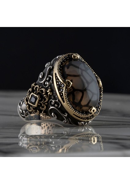 925 Ayar Şık Tasarımlı Akik Taşlı Gümüş Erkek Yüzük