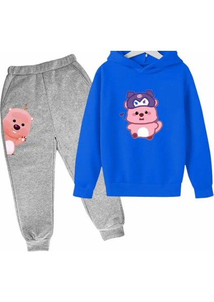Özel Tasarım Kapüşonlu Kuromi Şapkalı Sincap Baskılı Kışlık Kız Çocuk Eşofman Takımı
