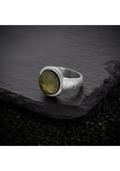 Tamamen Gümüş 925 Ayar Yeşil Zirkon Erkek Yüzük