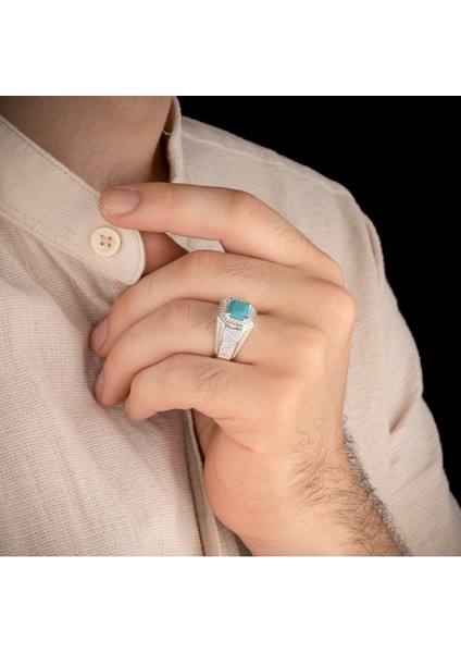Turkuaz Zirkon Taşı 925 Ayar Gümüş Erkek Yüzük modelleri