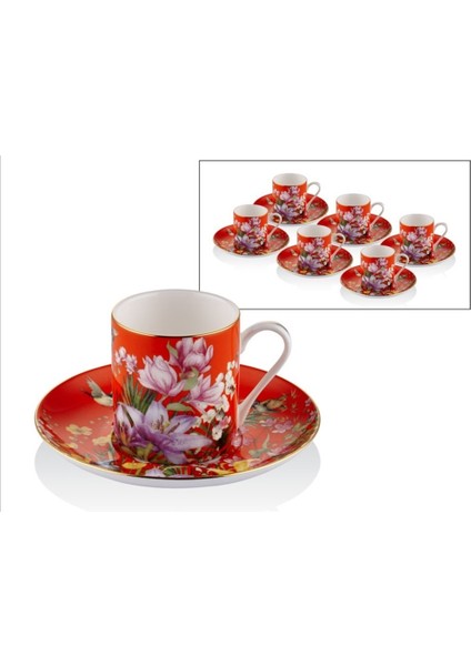 Botanica Red 2'li Coffee Cups Set Türk Kahve Fincan Expresso Çiçekli Kırmızı