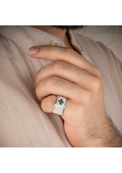 Tamamen Gümüş 925 Ayar Siyah Erkek Yüzük
