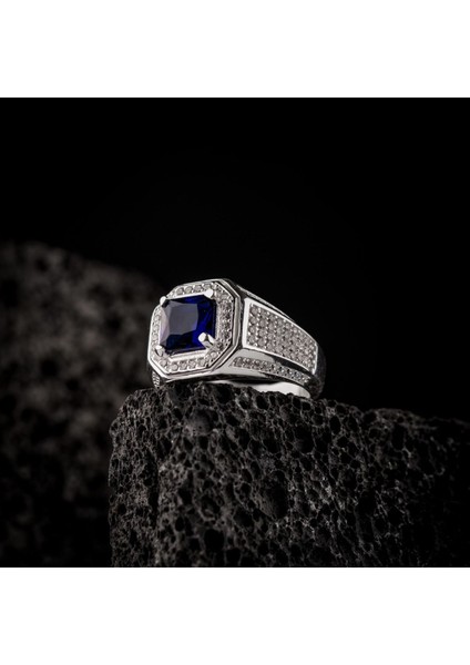 Mavi Zirkon Taşı 925 Ayar Gümüş Erkek Yüzük