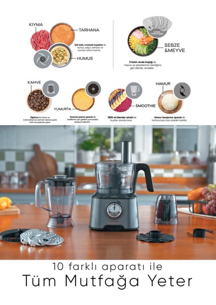 10 In 1 Çok Amaçlı Mutfak Robotu | 2000W Güçlü Motor Performansı | 4 Kanatlı Doğrayıcı | 1,5lt Geniş Hazne + Onerous Mutfak Tartısı Hediye