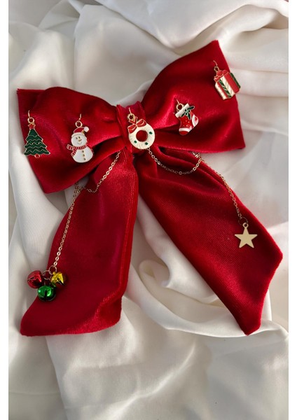 Yılbaşı Figürleri Süslü Kırmızı Charm Kadife Otomatik Hediyelik Saç Tokası