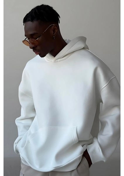 Beyaz Yumuşacık Kumaşlı Oversize Fit Ici Polarlı Basic Kapüşonlu Sweatshirt Hoodie