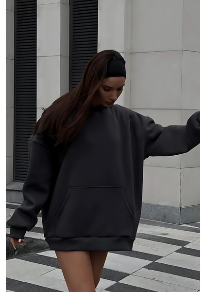 Siyah Unısex Yumuşacık Kumaşlı Oversize Fit Ici Polarlı Basic Kapüşonlu Sweatshirt Hoodie