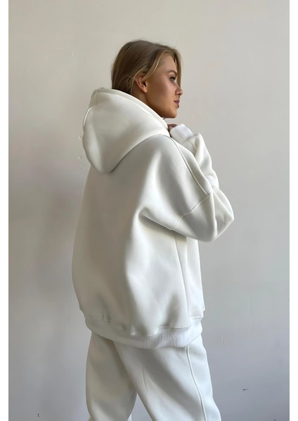 Beyaz Yumuşacık Kumaşlı Oversize Fit Ici Polarlı Basic Kapüşonlu Sweatshirt Hoodie
