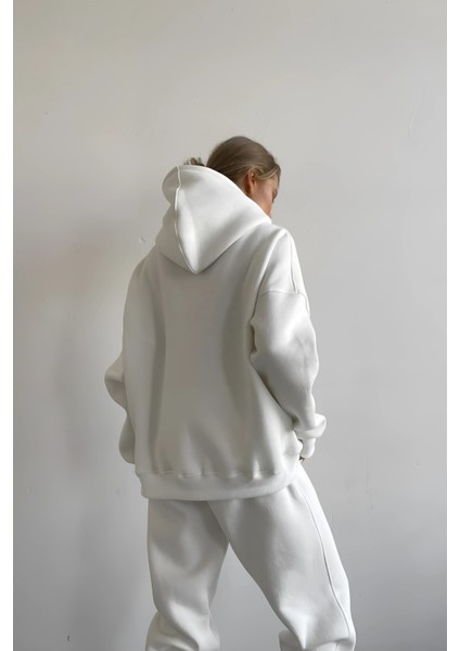 Beyaz Yumuşacık Kumaşlı Oversize Fit Ici Polarlı Basic Kapüşonlu Sweatshirt Hoodie