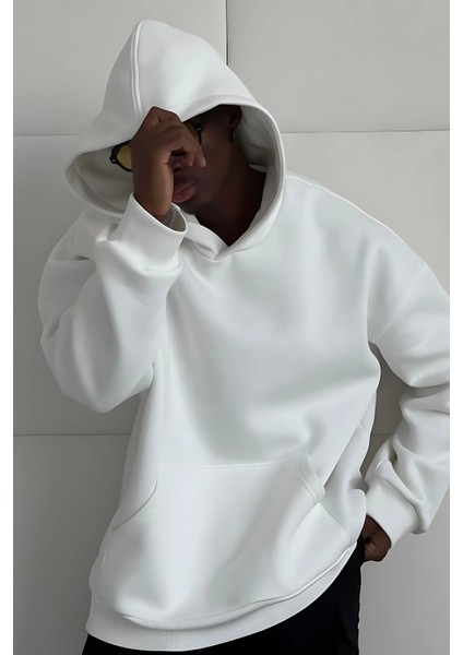 Beyaz Yumuşacık Kumaşlı Oversize Fit Ici Polarlı Basic Kapüşonlu Sweatshirt Hoodie fiyatları