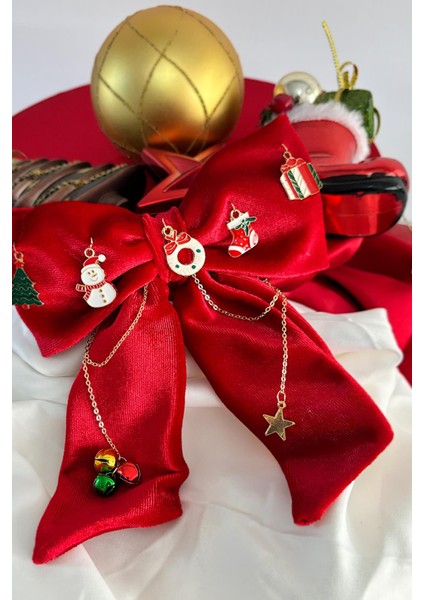 Yılbaşı Figürleri Süslü Kırmızı Charm Kadife Otomatik Hediyelik Saç Tokası fiyatları