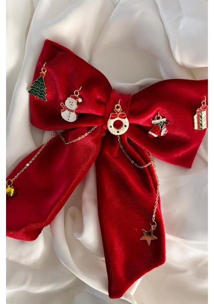 Yılbaşı Figürleri Süslü Kırmızı Charm Kadife Otomatik Hediyelik Saç Tokası modelleri
