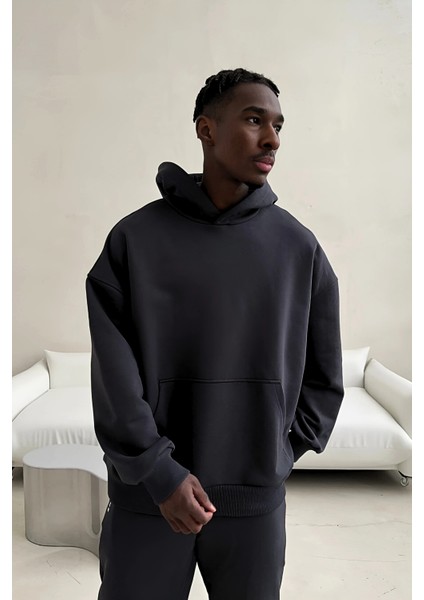 Siyah Unısex Yumuşacık Kumaşlı Oversize Fit Ici Polarlı Basic Kapüşonlu Sweatshirt Hoodie