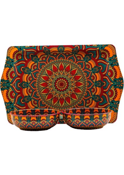 Mandala Desenli Mini Tepsi ve 2'li Kase Seti