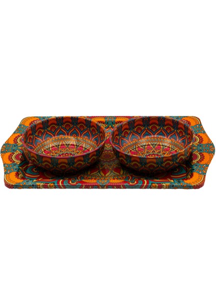 Mandala Desenli Mini Tepsi ve 2'li Kase Seti