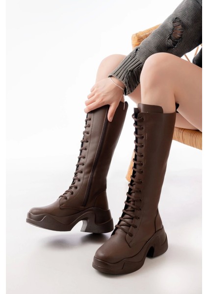 FZ-2450 Kahverengi Yüksek Tabanlı Bağcıklı Fermuarlı Günlük Kadın Çizme fiyatları