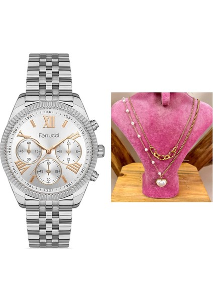 Roma Rakamlı Çelik Kadın Kol SAAT+%100 Çelik Kolye Hediye Seti