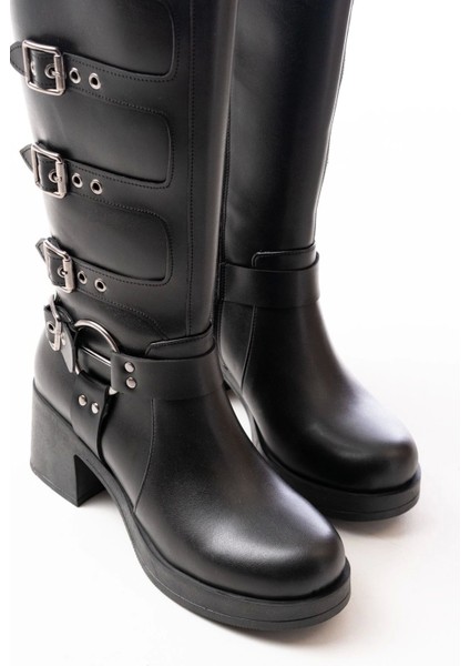 5109-3015 Siyah Topuklu Fermuarlı Toka Aksesuarlı Günlük Kadın Çizme modelleri