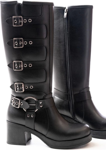 5109-3015 Siyah Topuklu Fermuarlı Toka Aksesuarlı Günlük Kadın Çizme fırsatları