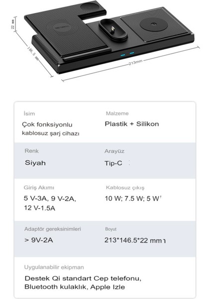 4in1 18W Masaüstü Kablosuz Şarj Standı