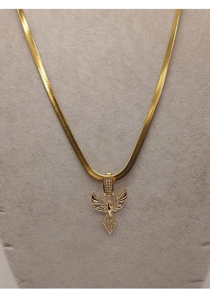 Çelik Kolye+ Zirkon Charm Gold