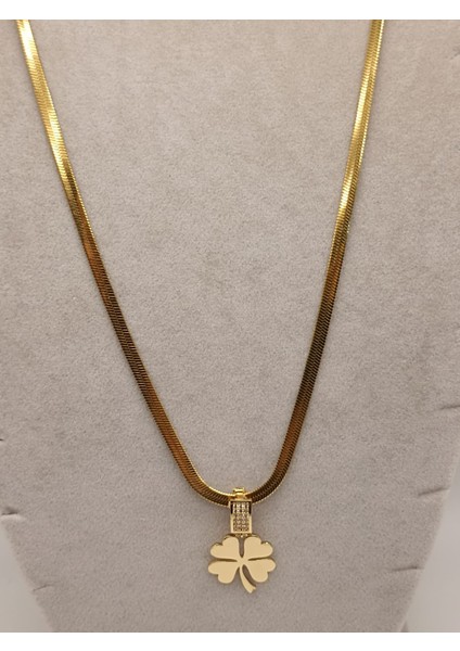 Çelik Kolye+ Zirkon Charm Gold