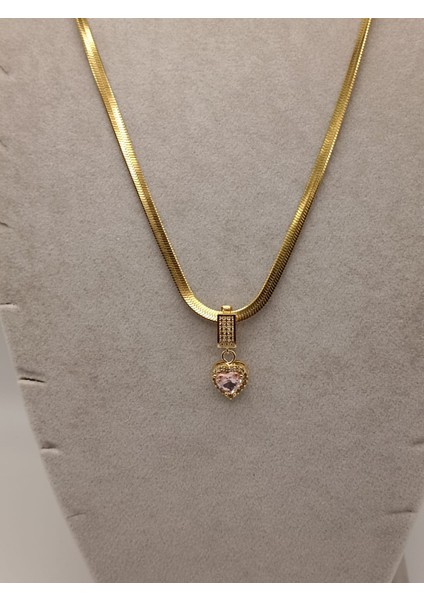 Çelik Kolye+ Zirkon Charm Gold