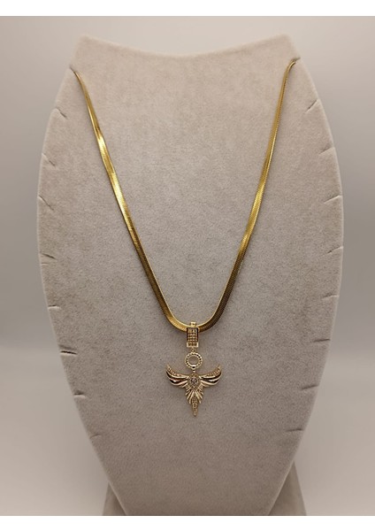 Çelik Kolye+ Zirkon Charm Gold