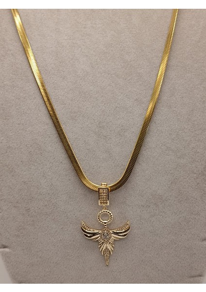 Çelik Kolye+ Zirkon Charm Gold