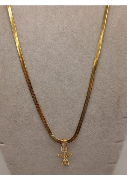Çelik Kolye+ Zirkon Charm Gold