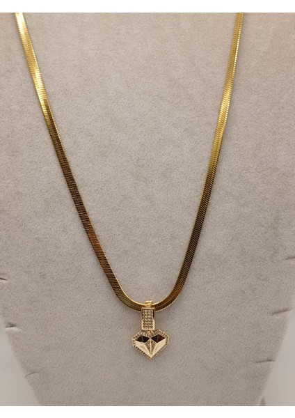 Çelik Kolye+ Zirkon Charm Gold