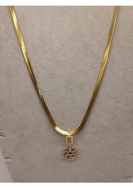 Çelik Kolye+ Zirkon Charm Gold