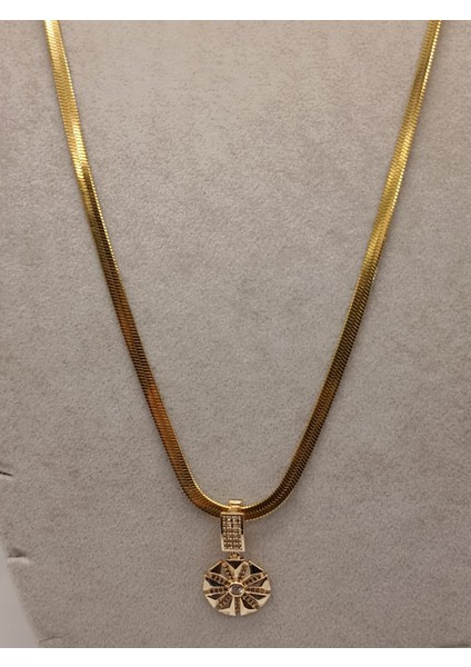 Çelik Kolye+ Zirkon Charm Gold