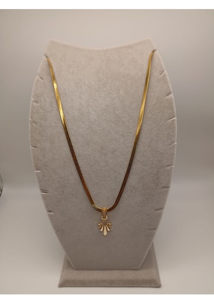 Çelik Kolye+ Zirkon Charm Gold