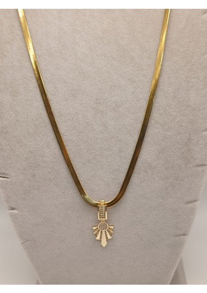 Çelik Kolye+ Zirkon Charm Gold