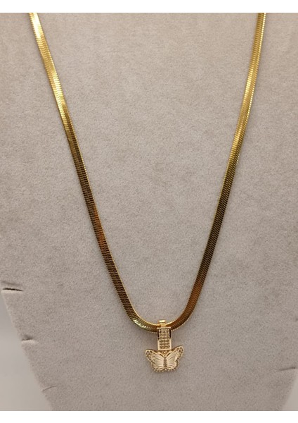 Çelik Kolye+ Zirkon Charm Gold