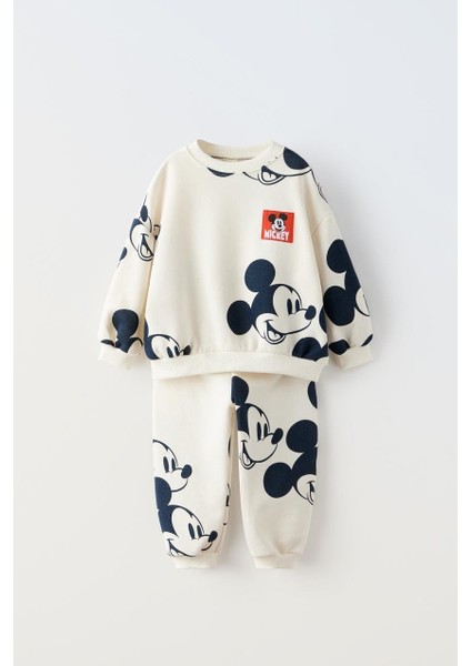 Mickey Mouse Ekru 3 Iplik Pamuklu Kışlık Sweatshirt Jogger Eşofman Alt-Üst Takım