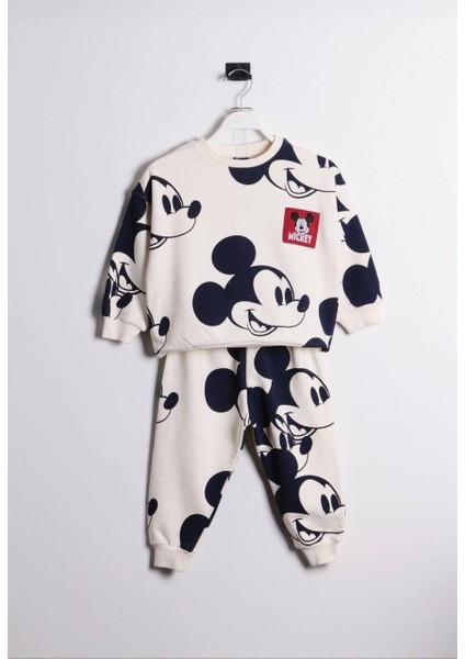 Mickey Mouse Ekru 3 Iplik Pamuklu Kışlık Sweatshirt Jogger Eşofman Alt-Üst Takım