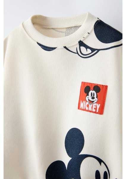 Mickey Mouse Ekru 3 Iplik Pamuklu Kışlık Sweatshirt Jogger Eşofman Alt-Üst Takım