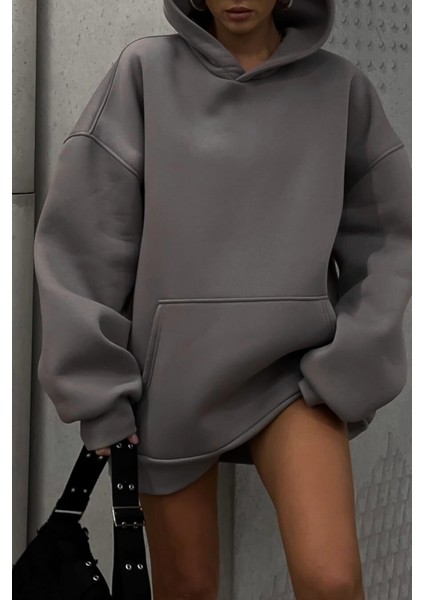 Gri Yumuşacık Kumaşlı Oversize Fit Ici Polarlı Basic Kapüşonlu Sweatshirt Hoodie