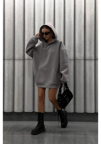 Gri Yumuşacık Kumaşlı Oversize Fit Ici Polarlı Basic Kapüşonlu Sweatshirt Hoodie modelleri