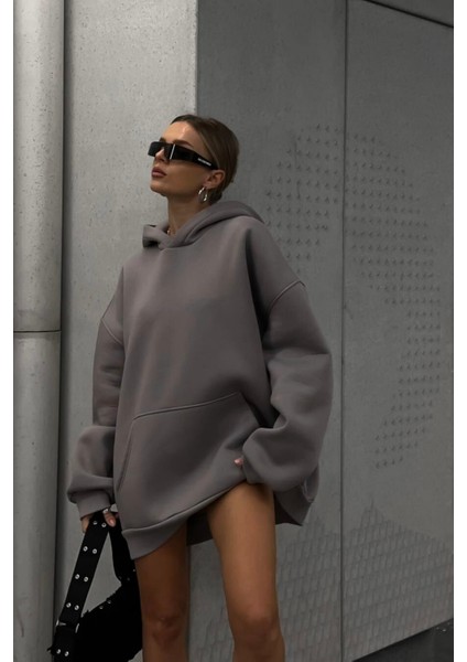 Gri Yumuşacık Kumaşlı Oversize Fit Ici Polarlı Basic Kapüşonlu Sweatshirt Hoodie fırsatları