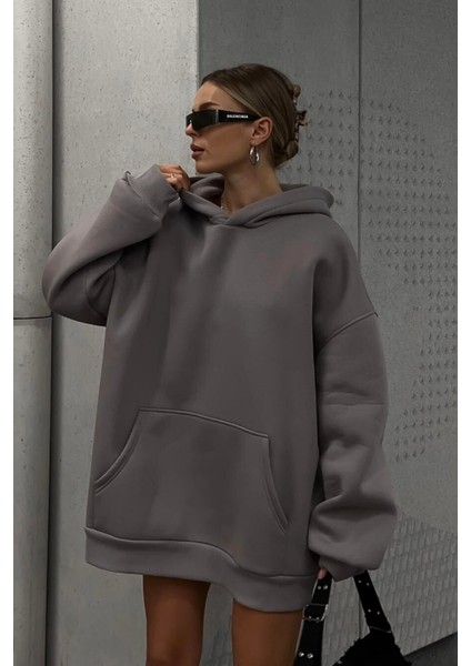 Gri Yumuşacık Kumaşlı Oversize Fit Ici Polarlı Basic Kapüşonlu Sweatshirt Hoodie fiyatları