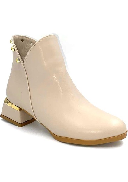 Tenni Trok Detaylı Alçak Topuklu Fermuarlı Kısa Kadın Bot Bej