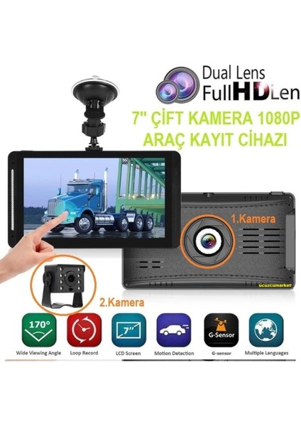 7 Inç Ekran- Mikrofon Gece Görüşlü Çift Kamera Tüm Araçlara Uyumlu Araç Kayıt Cihazı 32 GB Desteği